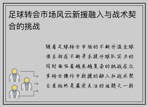 足球转会市场风云新援融入与战术契合的挑战